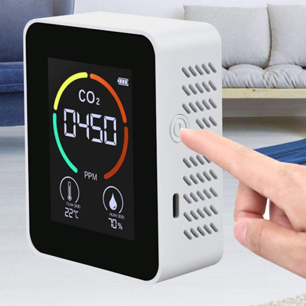 Portable CO2 meter displaying a carbon dioxide reading in parts per million